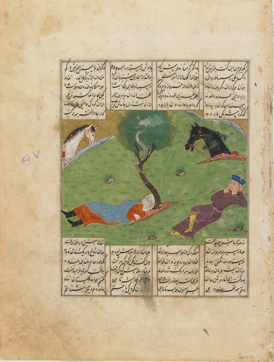 فوليو من شاهناما (كتاب الملوك) للفردوسي (ت ١٠٢٠) ؛ المستقيم: Nushirwans Dream ، إيران ، c.1440 (ألوان مائية مبهمة ، حبر وذهب على ورق) بواسطة المدرسة الفارسية