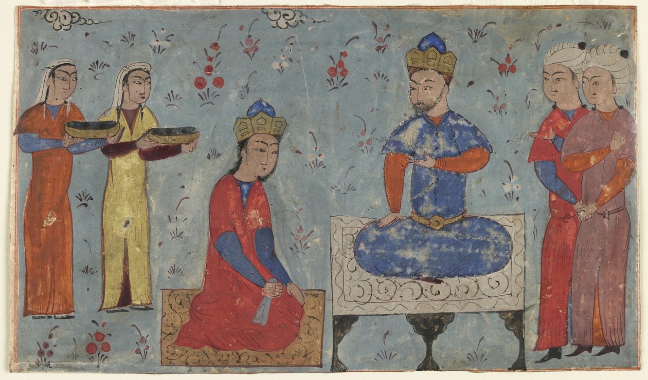 فوليو من شاهناما (كتاب الملوك) للفردوسي (ت ١٠٢٠) ؛ المستقيم: Sindukht قبل سام ، إيران (ألوان مائية مبهمة ، حبر وذهب على ورق) بواسطة المدرسة الفارسية