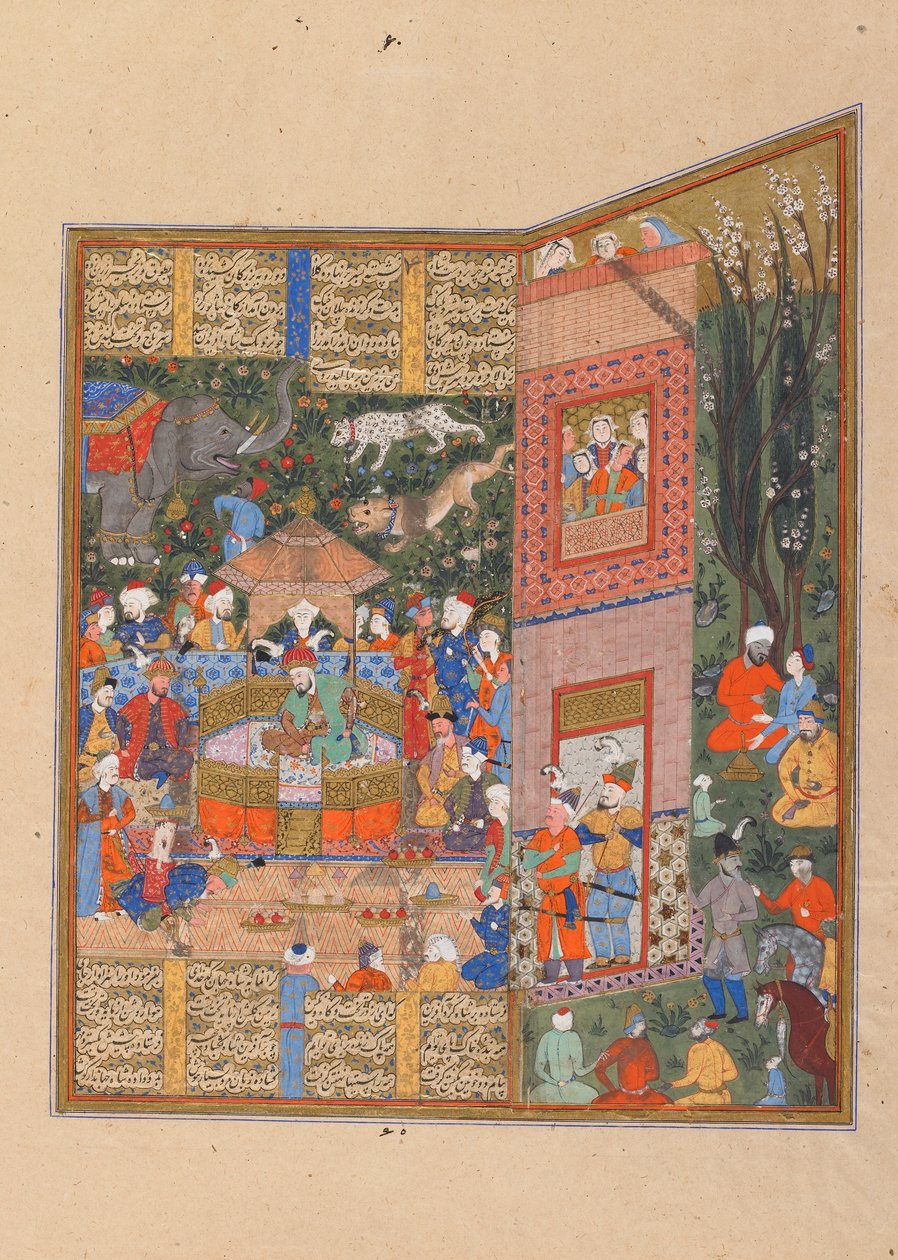 فوليو من شاهناما (كتاب الملوك) للفردوسي (ت ١٠٢٠) ؛ بالعكس: مبعوثي سالم وطور قبل فريدون ، شيراز ، إيران ، العصر السارفي ، ج .1560 (ألوان مائية مبهمة ، حبر وذهب على ورق) بواسطة المدرسة الفارسية