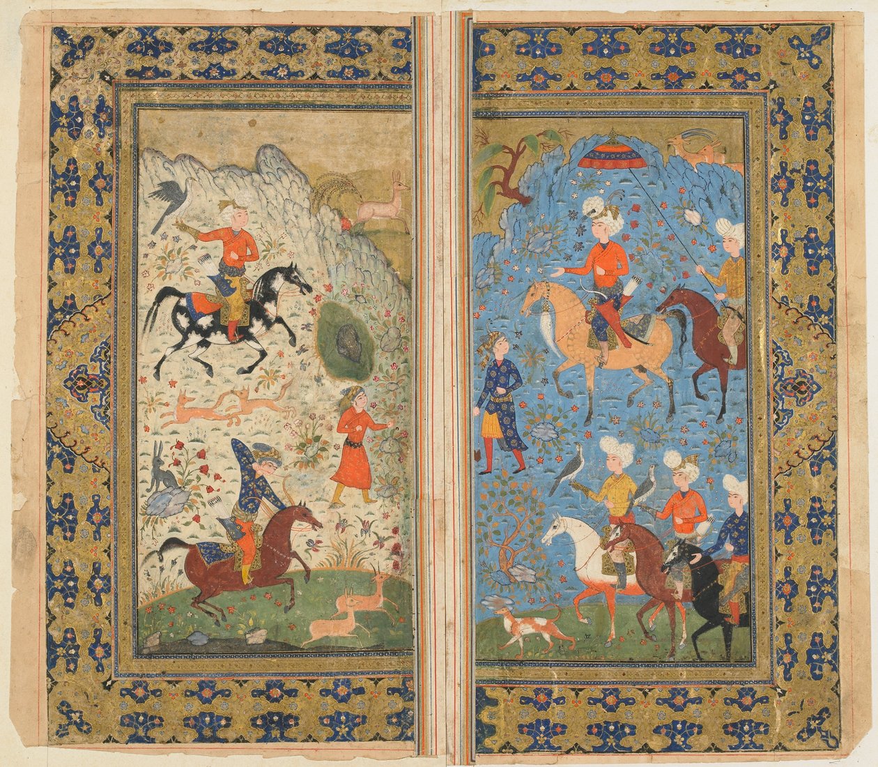 فوليو من شاهناما (كتاب الملوك) للفردوسي ؛ هانت ملكي ، إيران ، c.1590-1600 (ألوان مائية مبهمة ، حبر وذهب على ورق) بواسطة المدرسة الفارسية