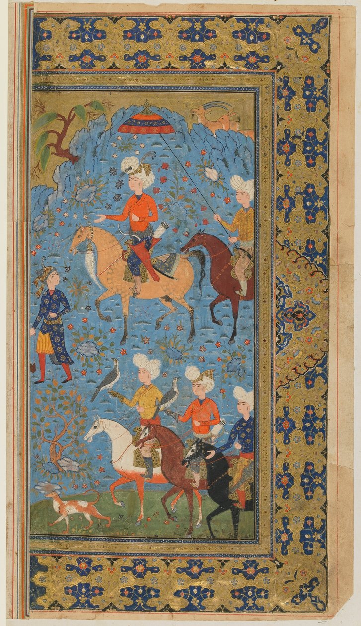 فوليو من شاهناما (كتاب الملوك) للفردوسي ؛ هانت ملكي ، إيران ، c.1590-1600 (ألوان مائية مبهمة ، حبر وذهب على ورق) بواسطة المدرسة الفارسية
