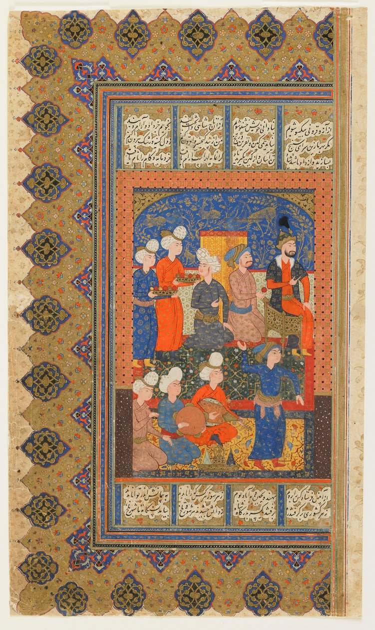 فوليو من شاهناما (كتاب الملوك) للفردوسي ؛ المستقيم: Luhrasp Enthroned ، إيران ، c.1590-1600 (ألوان مائية مبهمة ، حبر وذهب على ورق) بواسطة المدرسة الفارسية