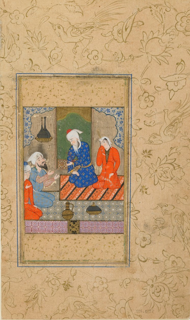 ورقة من يوسف وزليخة بواسطة جامي (ت. 1492) ؛ زليخة ورجل مسن يستمعان إلى محادثة ، ربما مشهد ، إيران ، c.1560-70 (ألوان مائية مبهمة وحبر وذهب على ورق) بواسطة المدرسة الفارسية