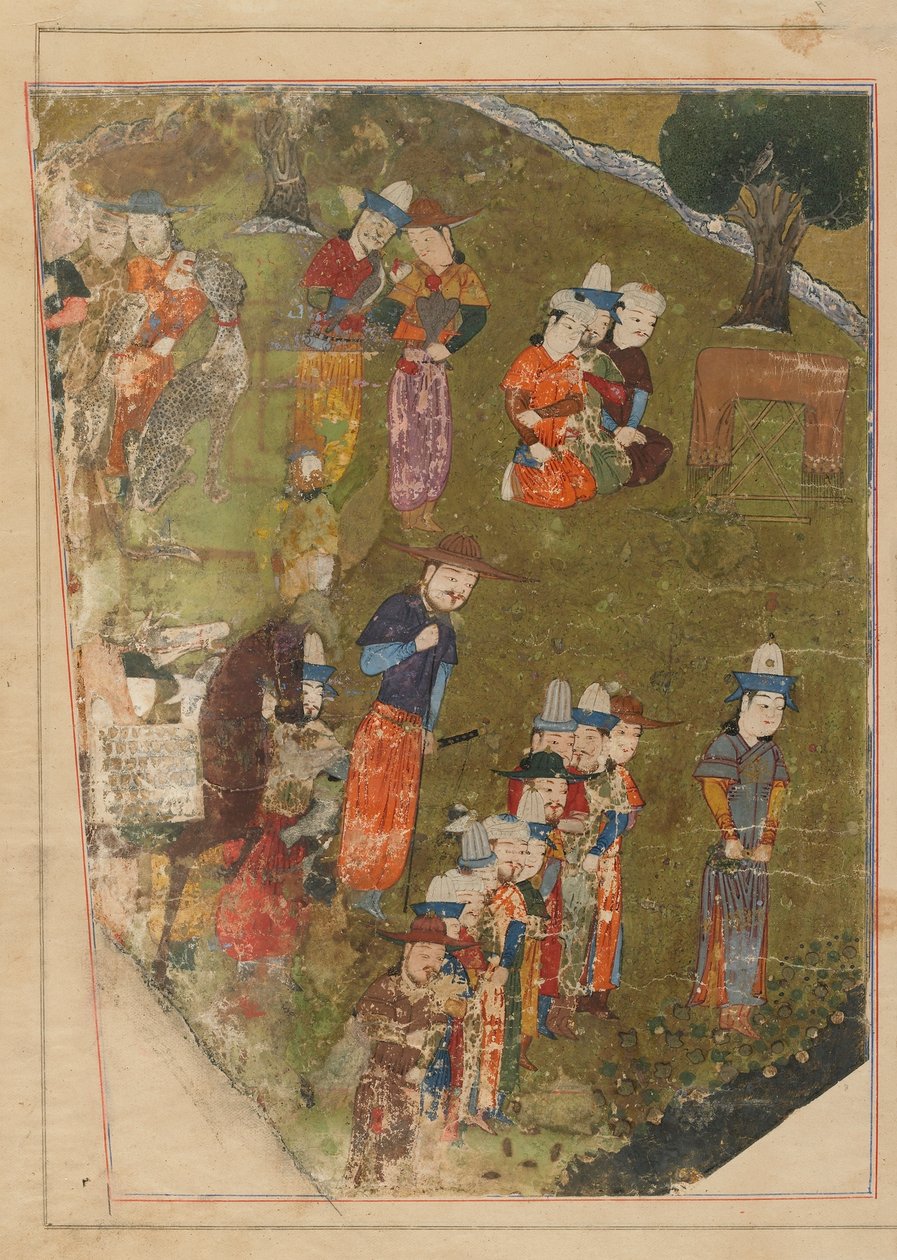 الورقة من Zafarnama ؛ المستقيم: تيمور يمنح جمهورًا بمناسبة انضمامه إلى العرش في بلخ ؛ بالعكس: نص ، شيراز ، إيران ، الفترة التيمورية ، 1436 (ألوان مائية مبهمة ، حبر وذهب على السلطة الفلسطينية) بواسطة المدرسة الفارسية