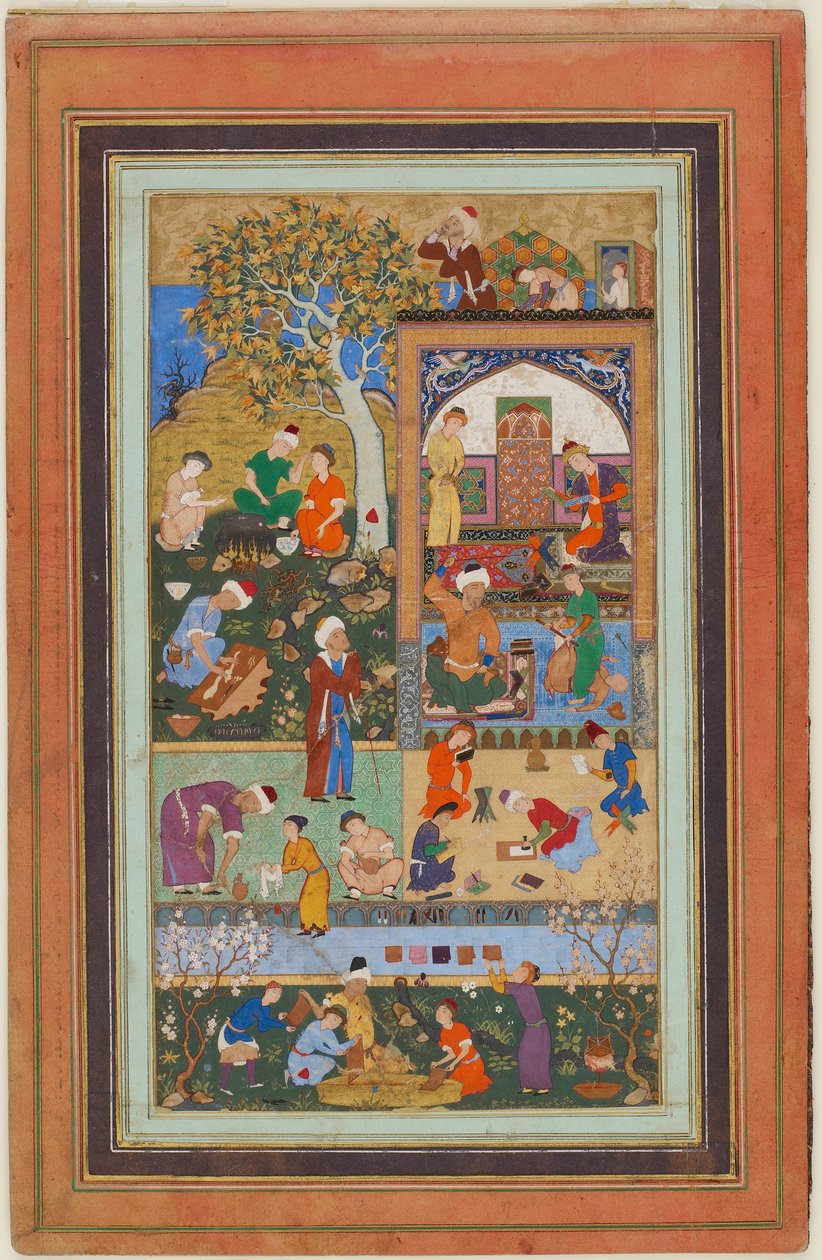 فوليو من ألبوم ؛ مشهد مدرسي ، تبريز ، إيران ، الفترة الصفوية ، حوالي 1540 (ألوان مائية مبهمة ، حبر وذهب على ورق) بواسطة المدرسة الفارسية