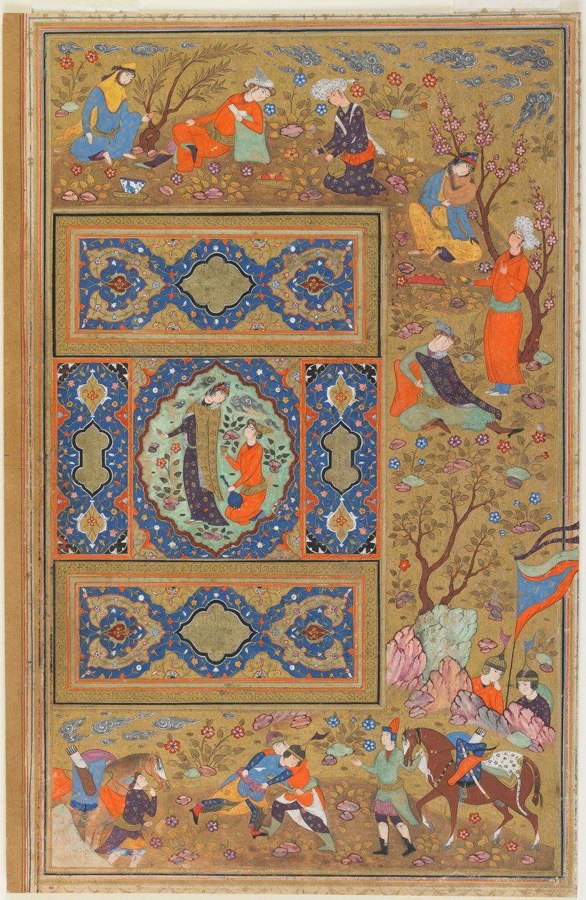 فوليو من ألبوم ؛ مقابل: زوج من العشاق ، أصفهان ، إيران ، الفترة الصفوية ، 1590-1610 (ألوان مائية مبهمة ، حبر وذهب على ورق) بواسطة المدرسة الفارسية