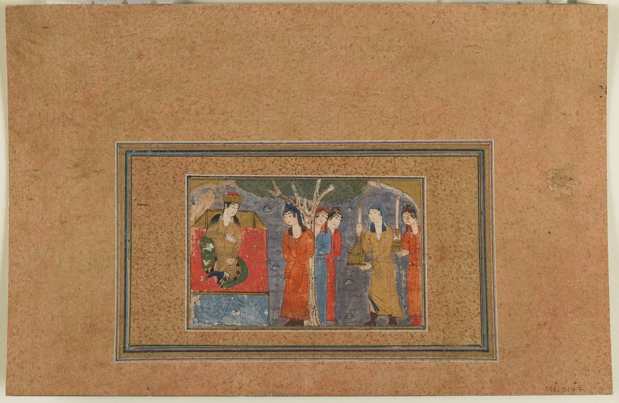 الورقة من نص مجهول ؛ أميرة Enthroned ، إيران ، c.1440-50 (ألوان مائية مبهمة وحبر وذهب على ورق) بواسطة المدرسة الفارسية