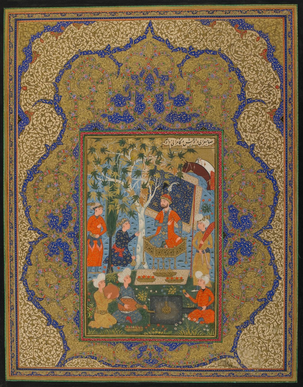الورقة من نص مجهول ؛ حاكم محاصر ، ربما خراسان ، إيران ، ج .1590 (ألوان مائية مبهمة وحبر وذهب على ورق) بواسطة المدرسة الفارسية