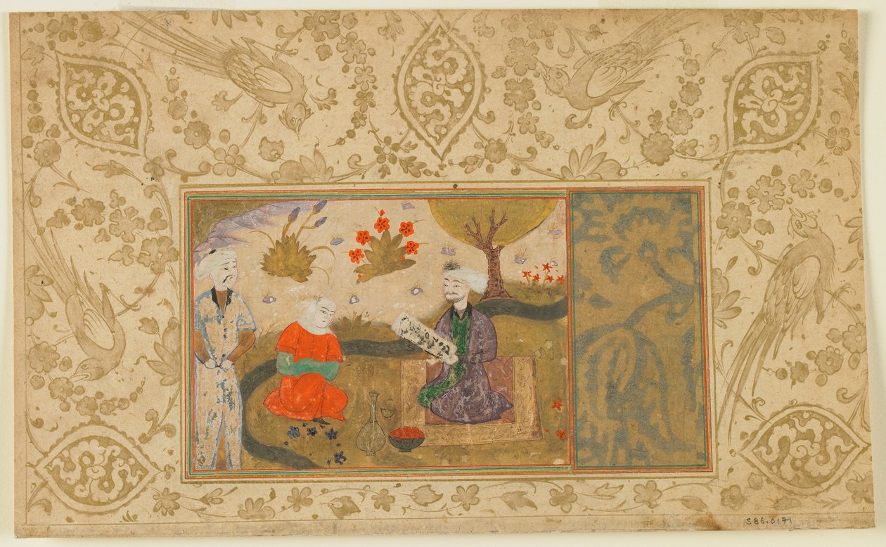 الورقة من نص مجهول ؛ امرأة تتحدث مع رجل جالس من تيار ، إيران ، c.1500 (ألوان مائية مبهمة وحبر وذهب على ورق) بواسطة المدرسة الفارسية