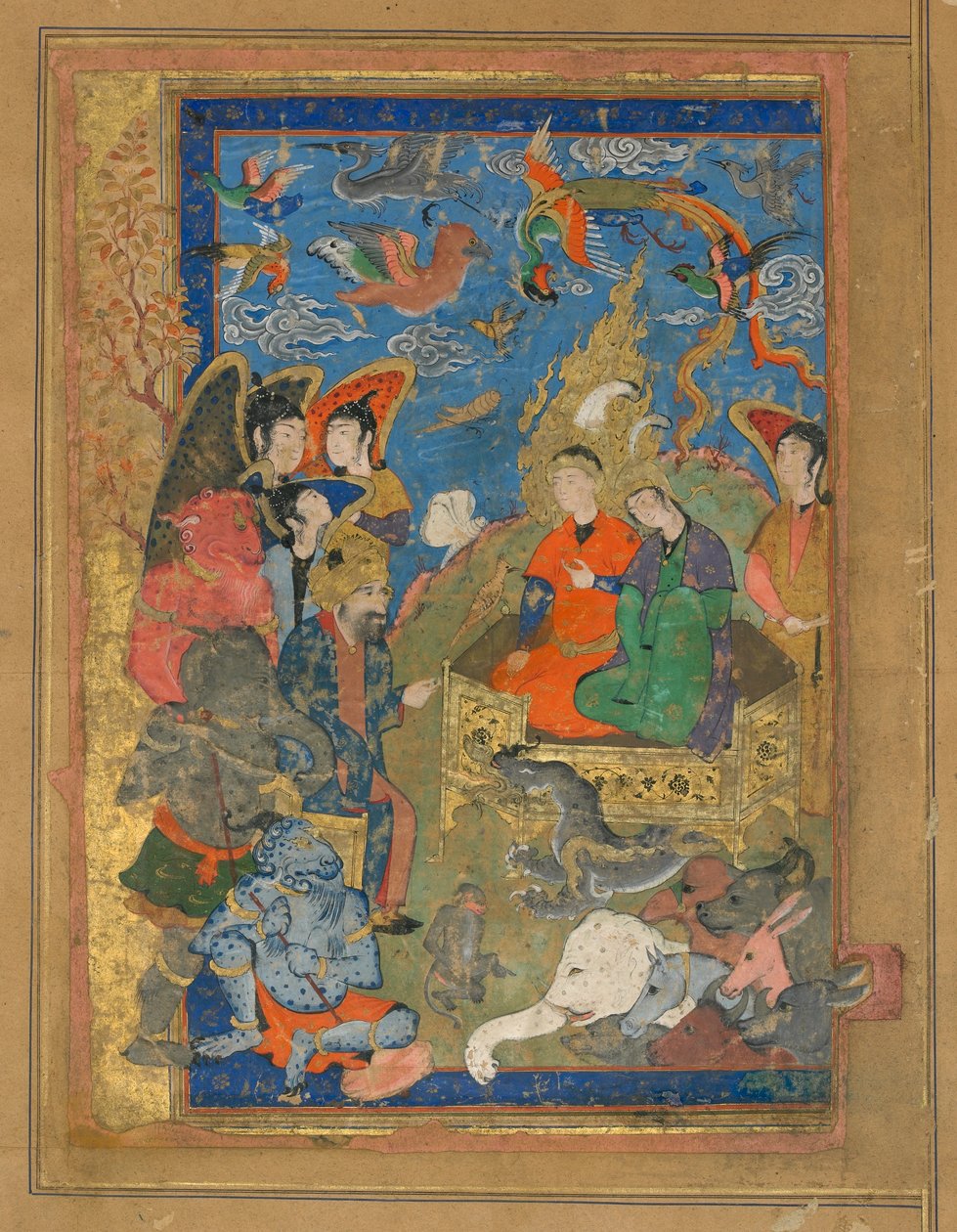 الورقة من نص مجهول ؛ سليمان وبلقيس انثروند ، أصفهان ، إيران ، الفترة الصفوية ، 1590-1600 (ألوان مائية مبهمة ، حبر وذهب على ورق) بواسطة المدرسة الفارسية