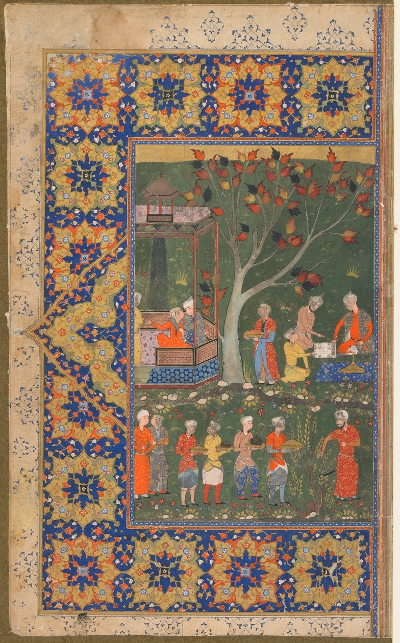 الورقة من نص مجهول ؛ المستقيم: حفلة في حديقة ، شيراز ، إيران ، c.1570 (ألوان مائية مبهمة ، حبر وذهب على ورق) بواسطة المدرسة الفارسية