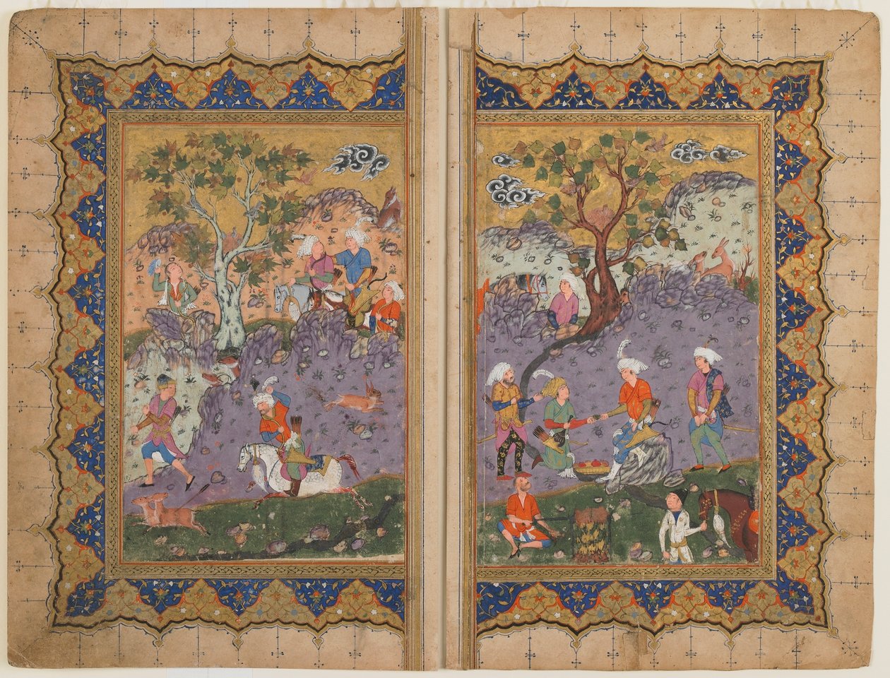 الورقة من نص مجهول ؛ بالعكس: أمير جالس على صخرة محاطة بالحاضرين ، أصفهان ، إيران ، c.1600 (ألوان مائية مبهمة ، حبر وذهب على ورق) بواسطة المدرسة الفارسية