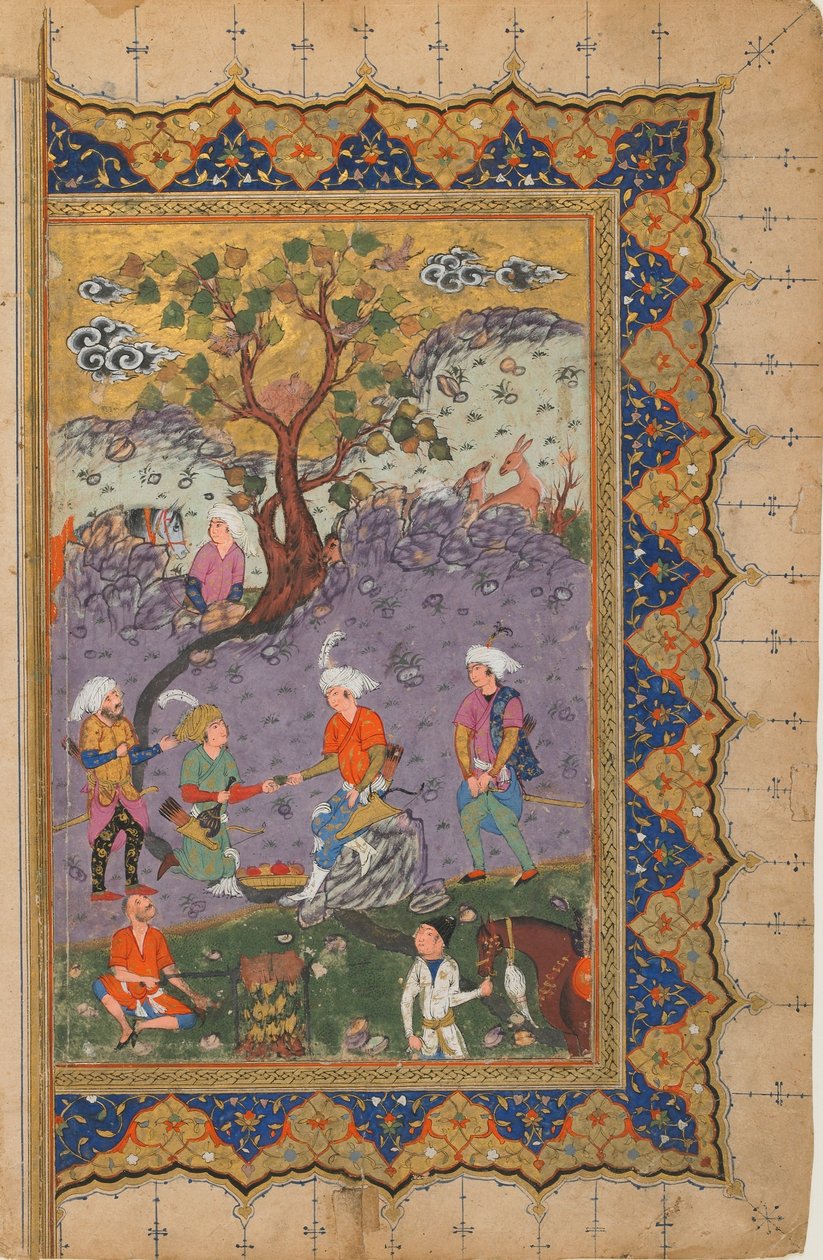 الورقة من نص مجهول ؛ بالعكس: أمير جالس على صخرة محاطة بالحاضرين ، أصفهان ، إيران ، c.1600 (ألوان مائية مبهمة ، حبر وذهب على ورق) بواسطة المدرسة الفارسية