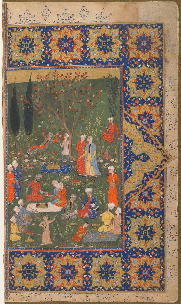 الورقة من نص مجهول ؛ بالعكس: حفلة في حديقة ، شيراز ، إيران ، c.1570 (ألوان مائية مبهمة ، حبر وذهب على ورق) بواسطة المدرسة الفارسية