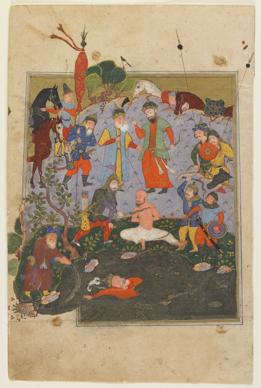 يتم ضرب Garsivaz بينما يتم سحب Afrasiyab من البحيرة من Shahnama بواسطة المدرسة الفارسية