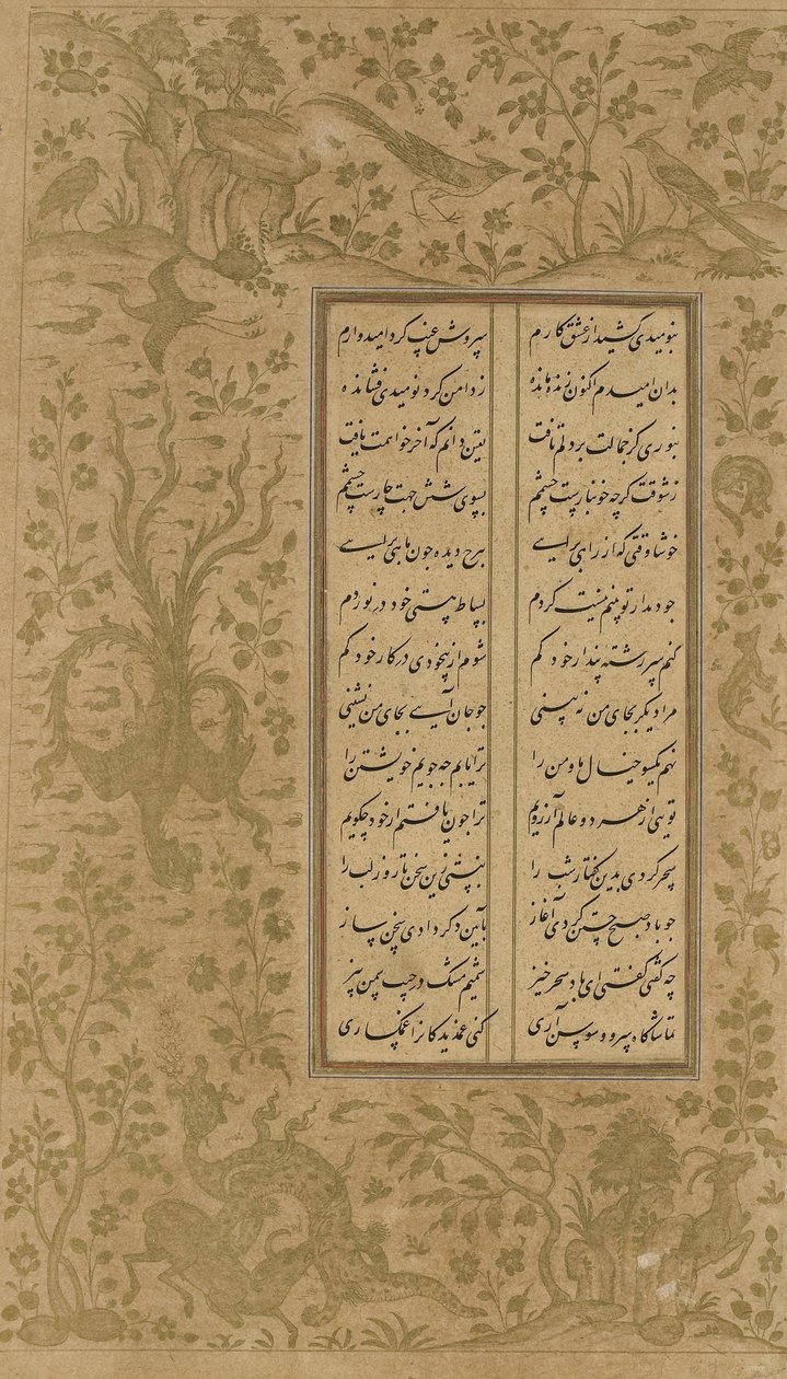 كرمة العنب وتصميم الطيور ، ورقة من يوسف الزليخة بقلم جامي (ت. 1492) قزوين ، إيران ، سلالة صفوية ، 1557 (حبر وذهب على ورق) بواسطة المدرسة الفارسية