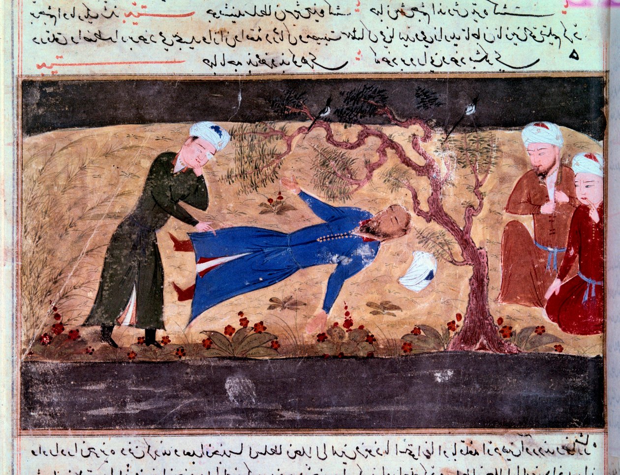 تاريخ المغول: وفاة محمد حوارزمشاه. مخطوطة "" مجموع القصص (جامع التفاريخ) "(ورقة 60 ظ) بقلم رشيد الدين فضل الله (فضل الله) حمداني بواسطة المدرسة الفارسية