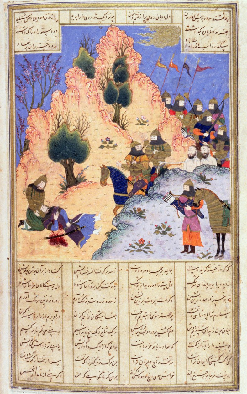 اسكندر يريح الموتى دارا ، من فردوسيس شانامان ، c.1440-45 (قلم وحبر ومرحاض على الرق) بواسطة المدرسة الفارسية