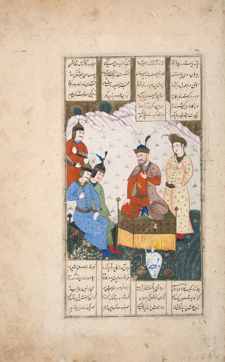 الملك فريدون يستقبل مبعوث ولديه (مرحاض مبهم على الورق) بواسطة المدرسة الفارسية