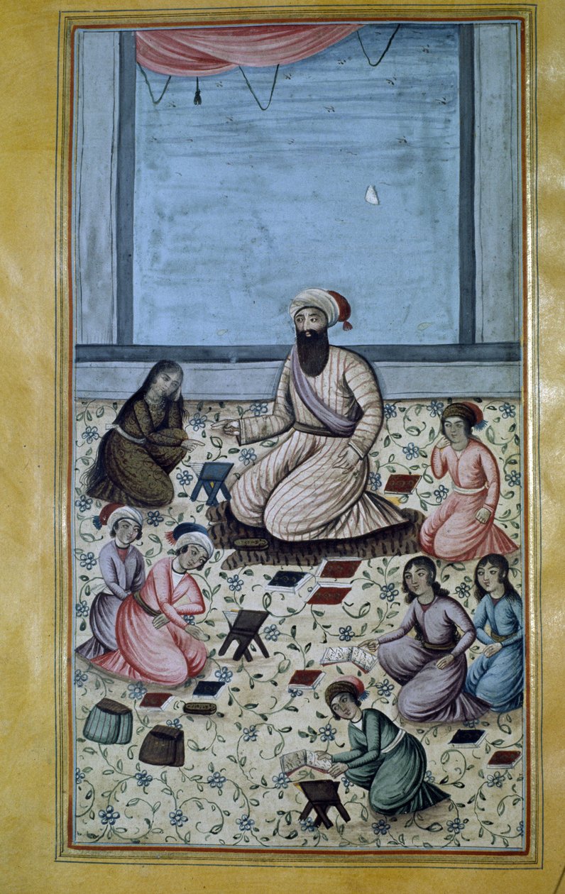 المدرسة الابتدائية القرآنية (المدرسة الابتدائية) في بلاد فارس القرن التاسع عشر. المنمنمات الفارسية بواسطة المدرسة الفارسية