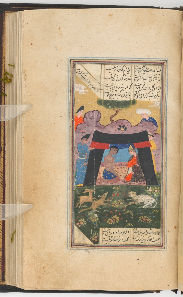 ليلى والمجنون في خيمة (ظهر الرسم ؛ ظهر الصحيفة 205) ، رسم من مخطوطة لكليات السعدي (حبر وألوان وذهب على ورق) بواسطة المدرسة الفارسية