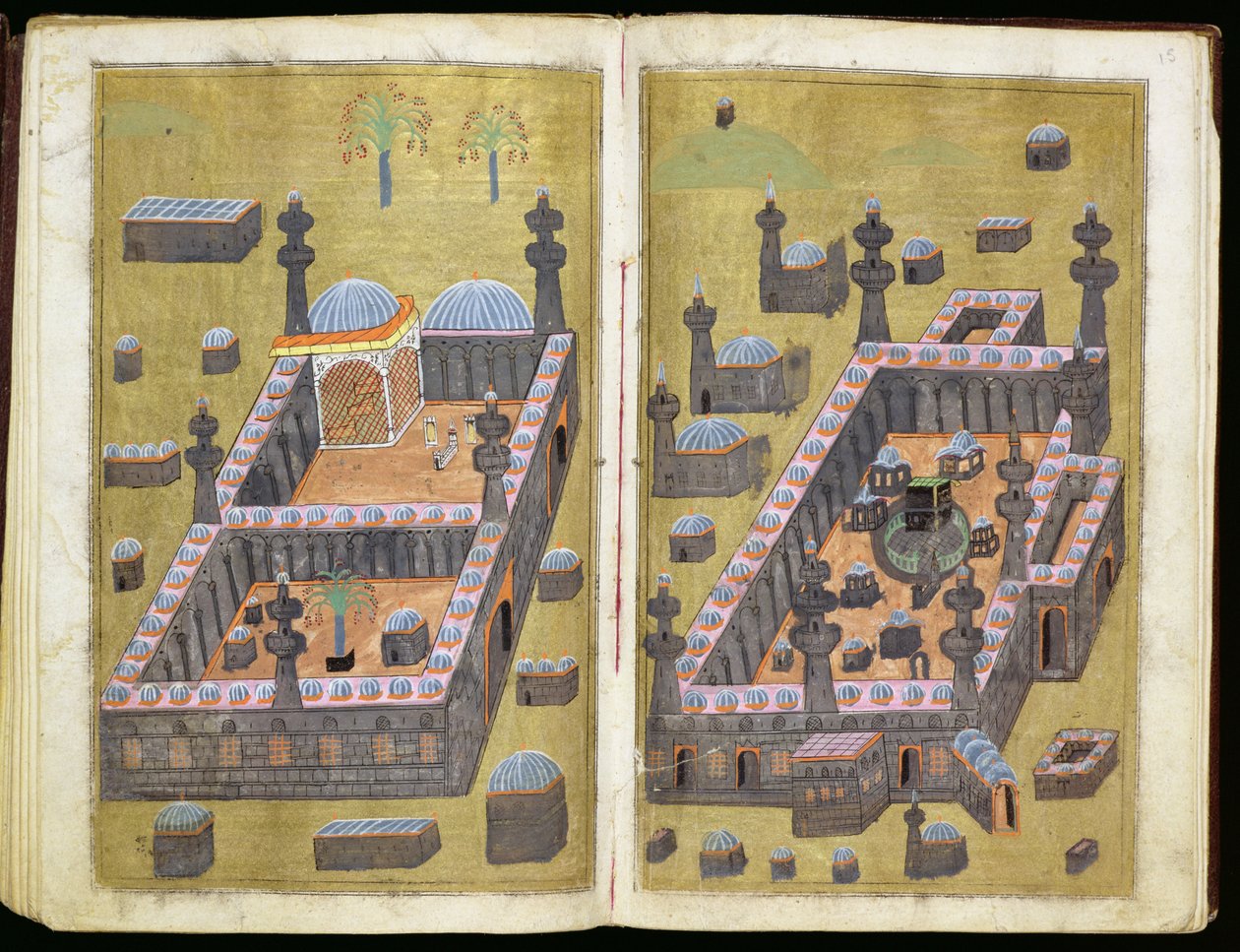 MS.343.f15v-16r مساجد المدينة المنورة ومكة ، من "أسباب الصدقة" ، مصطفى شكري ، 1160 بواسطة المدرسة الفارسية