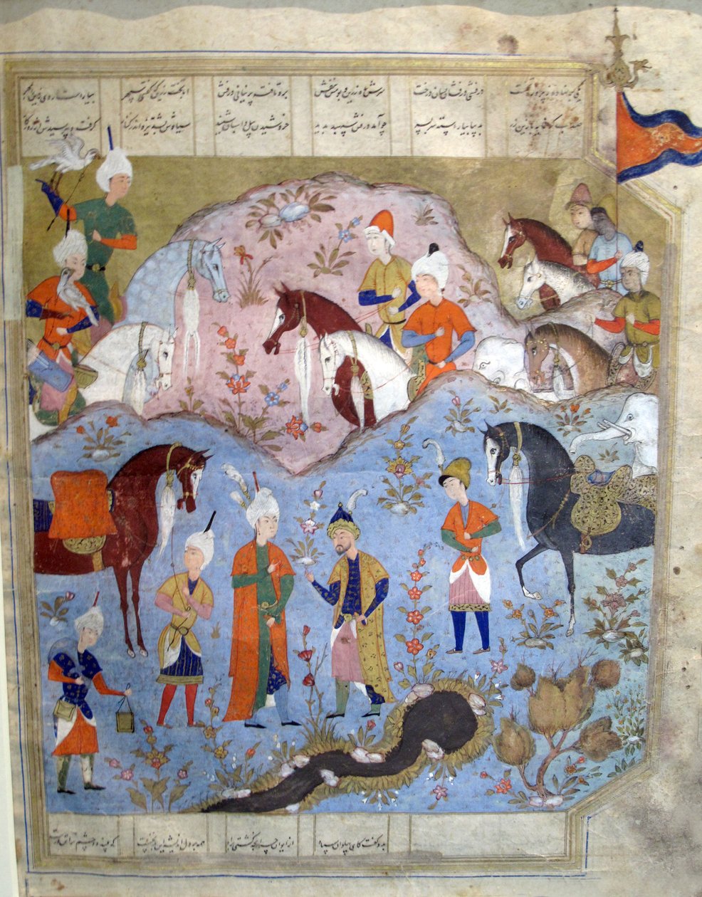اجتماع لسياروش وأفراسياب من فردوسي شاهنام ، 1565-66 (غواش بورق الذهب على ورق) بواسطة المدرسة الفارسية
