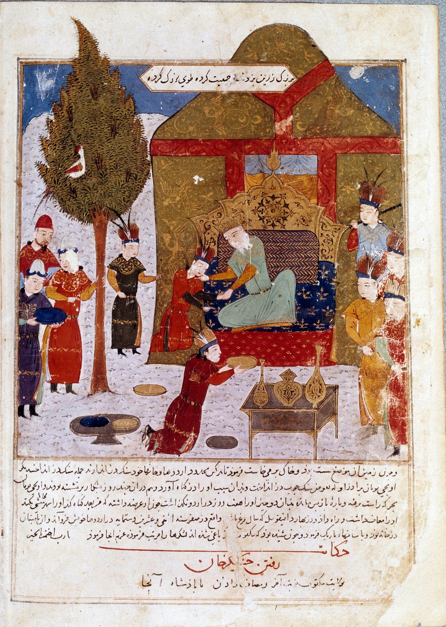 الإمبراطور المنغولي جنكيز خان (1167-1227) على عرشه في معسكر بالقرب من إلميل مع حفيده كويبالاي وهول جو منمنمة فارسية مأخوذة من جامع الطوارخ (تاريخ الإمبراطورية المنغولية) لرشيد الدين ( الدين) (ب 1247 - 1318) بواسطة المدرسة الفارسية