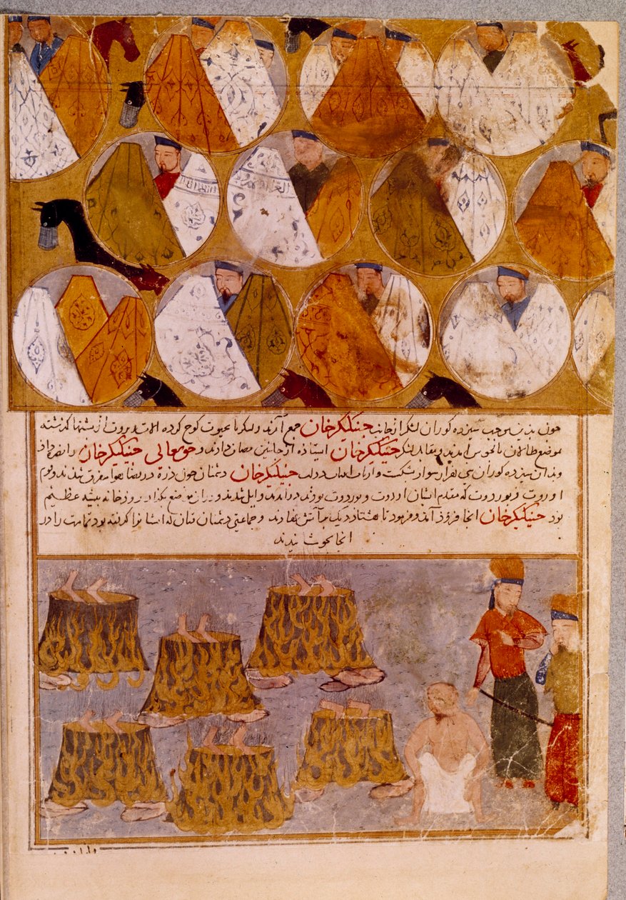 الخيام المنغولية وسجناء جنكيز خان (1162-1227): جنكيز خان لديه أتباع جاموكوا ، وهو مغول من قبيلة جادجيرات تم إلقاؤهم في القدور. المنمنمة الفارسية مأخوذة من "" جامع الطوارخ "" (جامع التاريخ) أو "" التاريخ العالمي " بواسطة المدرسة الفارسية