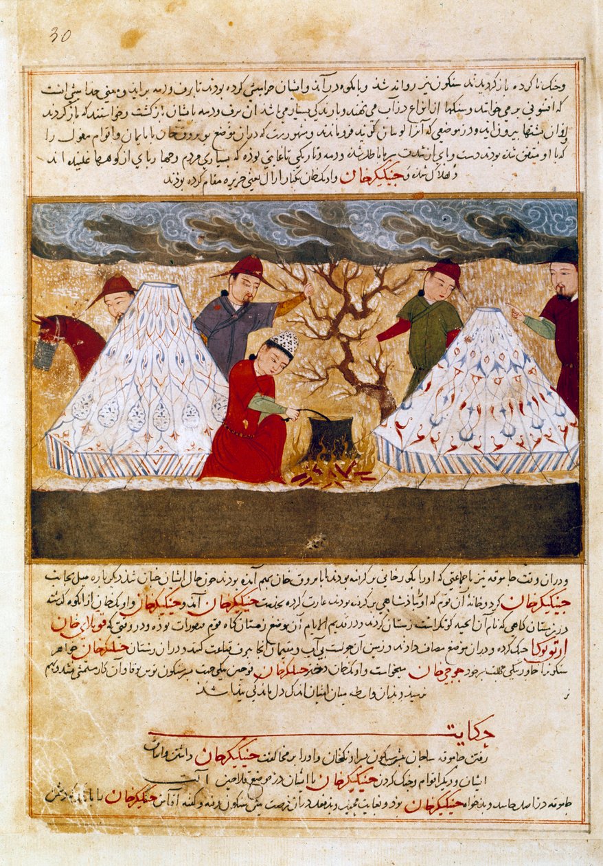 المغول يطبخون المنمنمات الفارسية مأخوذة من "جامع الطوارخ" أو "التاريخ العالمي" للمؤرخ رشيد الدين (الدين) (1247-1318) حوالي عام 1430. باريس ، بن ن. بواسطة المدرسة الفارسية