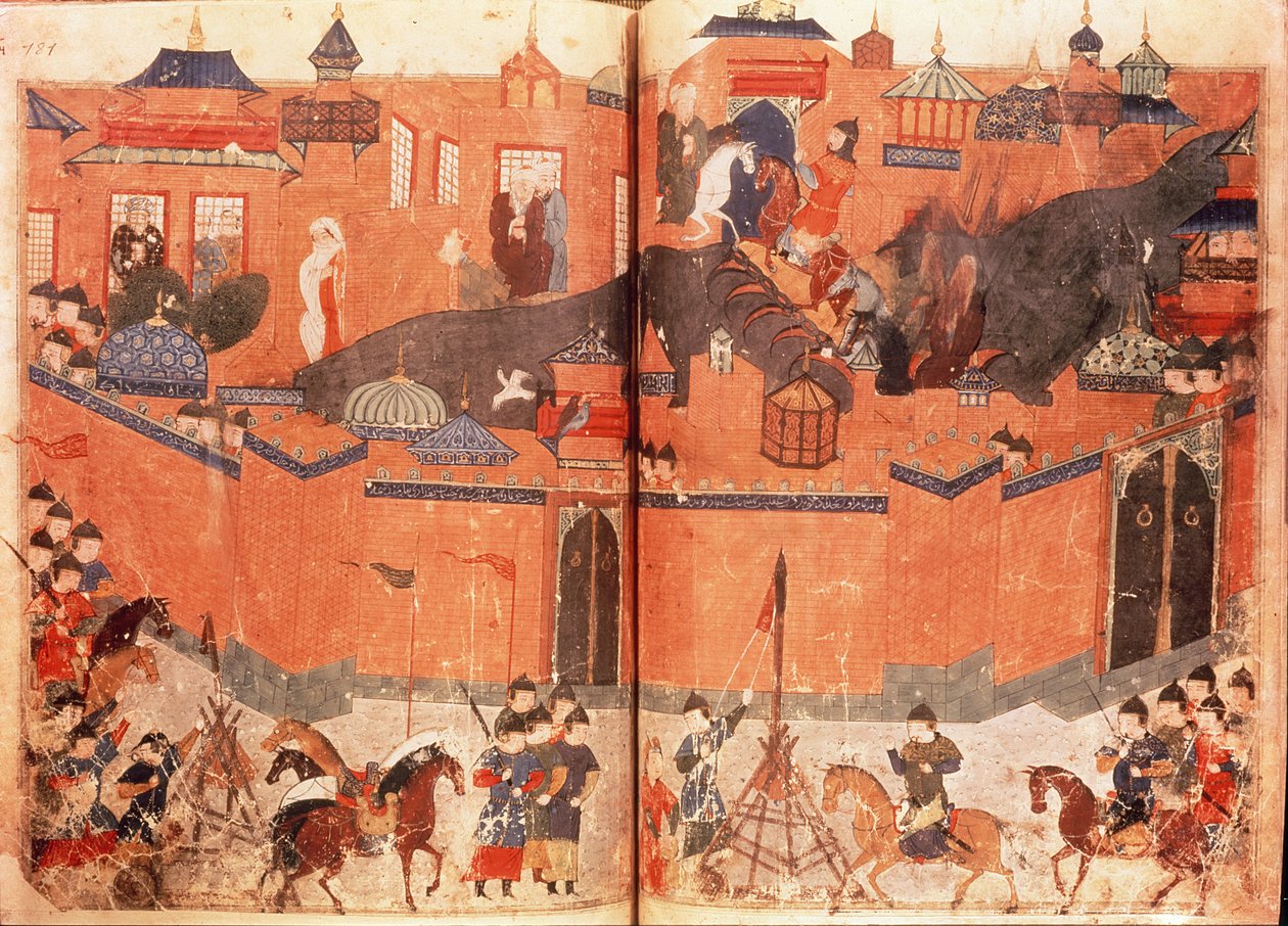 Ms.Sup.Pers.1113.f.180v-181 المغول بقيادة هولاكو خان يقتحمون بغداد ويستولون عليها عام 1258، من كتاب لرشيد الدين (1247-1318) (الرق) بواسطة المدرسة الفارسية