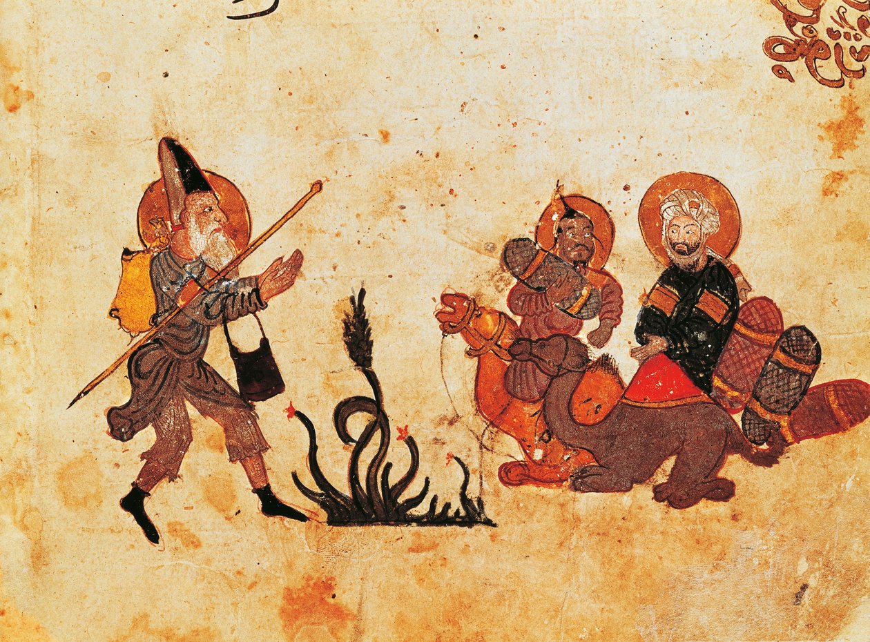 السيدة ع 3929 ص 69 ، أبو زيد يغادر الحارث أثناء الحج إلى شمال العراق ، من المقامات ، (الاجتماعات) ، التي رسمها الحريري ، الربع الثاني من القرن الثالث عشر (الغواش على الرق) (انظر بواسطة المدرسة الفارسية