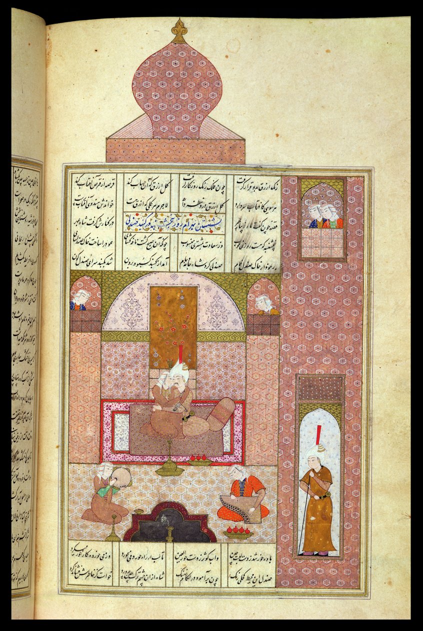 السيدة D-212 fol.221b بهرام (420-28) تزور أميرة رم ، التوضيح لـ "الأميرات السبع" ، 1199 ، بقلم إلياس نظامي (1140-1209) ج .1550 (غواش على ورق) بواسطة المدرسة الفارسية