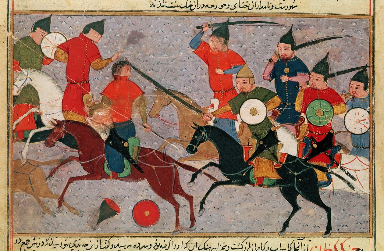 السيدة Pers.113 f.49 جنكيز خان (c.1162-1227) في المعركة ، من كتاب رشيد الدين (1247-1318) (الغواش) بواسطة المدرسة الفارسية