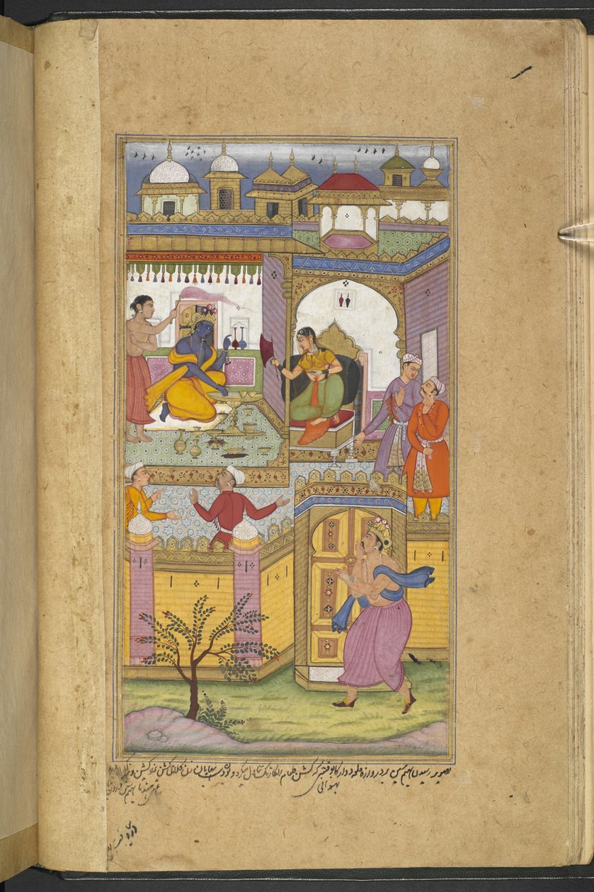 Or.12076 f.13v Bhima يصل إلى قلعة Dvaraka لدعوة Krishna إلى "asvamedha". يتظاهر كريشنا الذي كان مع زوجته ساتياباما أنه لم يسمع. (بهاواني) من "رزمنة" (كتاب الواري) ، ترجمة ماهابهاراتا لنقيب خان بواسطة المدرسة الفارسية