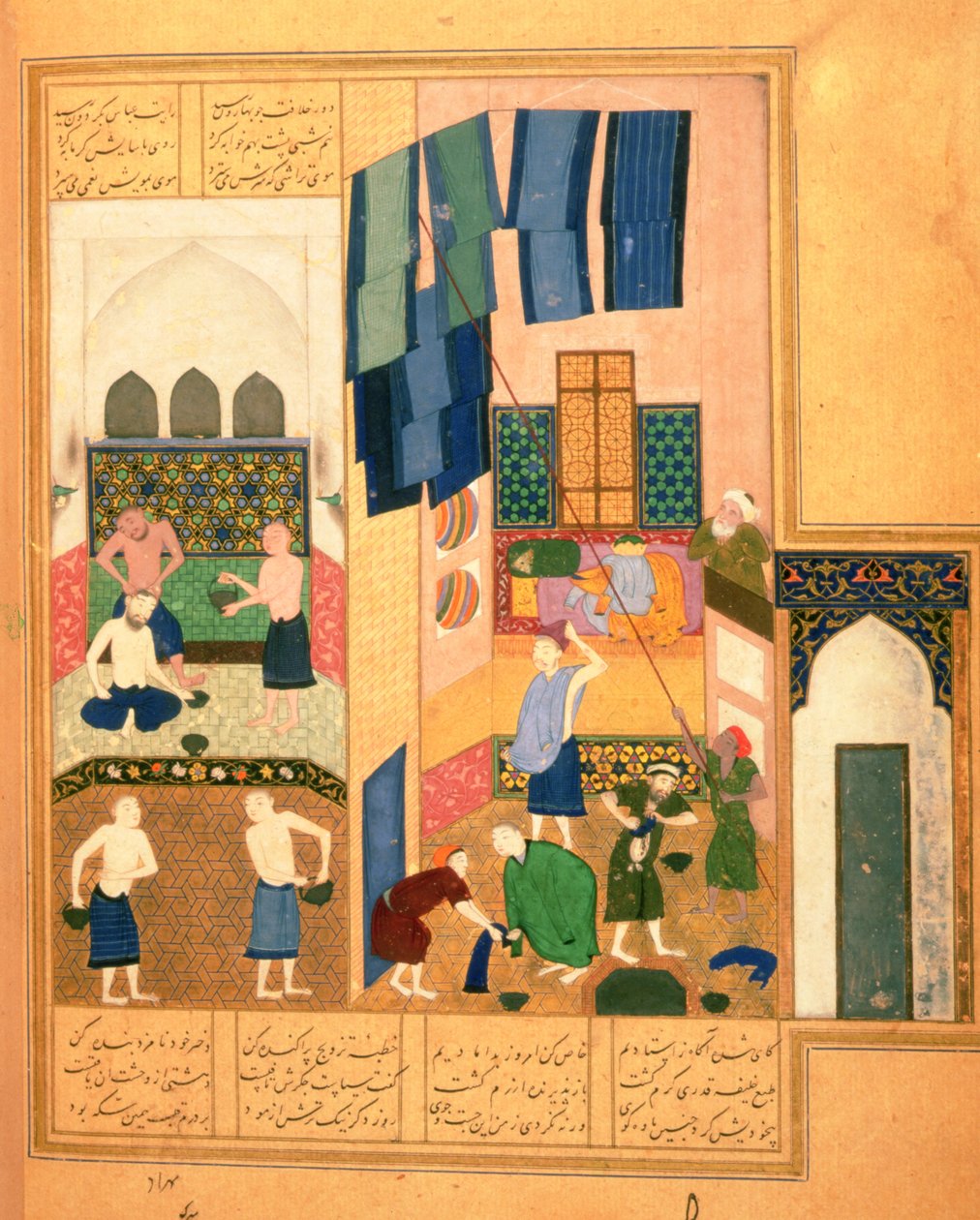 Or.6810 f.27v هارون الرشيد والحلاق في الحمام التركي (الرق) بواسطة المدرسة الفارسية