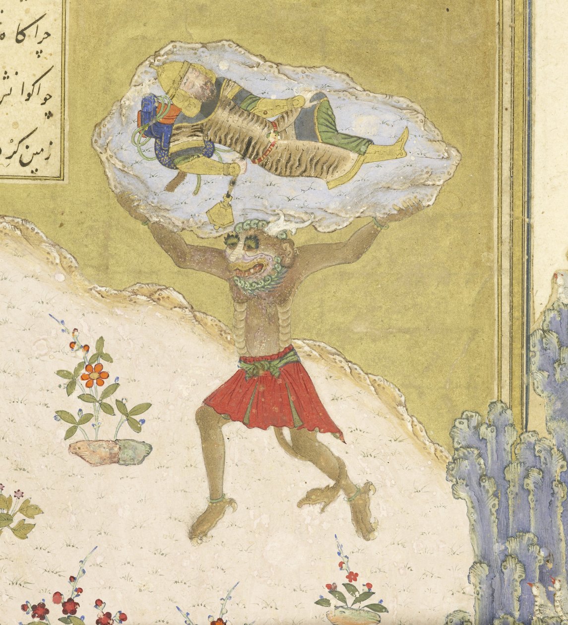 الفارسي 239 صفحة 165 بت التفاصيل: يرفع Div Akvan رستم النائم ، صورة توضيحية من Shahnama (كتاب الملوك) ، لأبي القاسم منصور فردوسي (c.934-c.1020) ، 1444 بواسطة المدرسة الفارسية