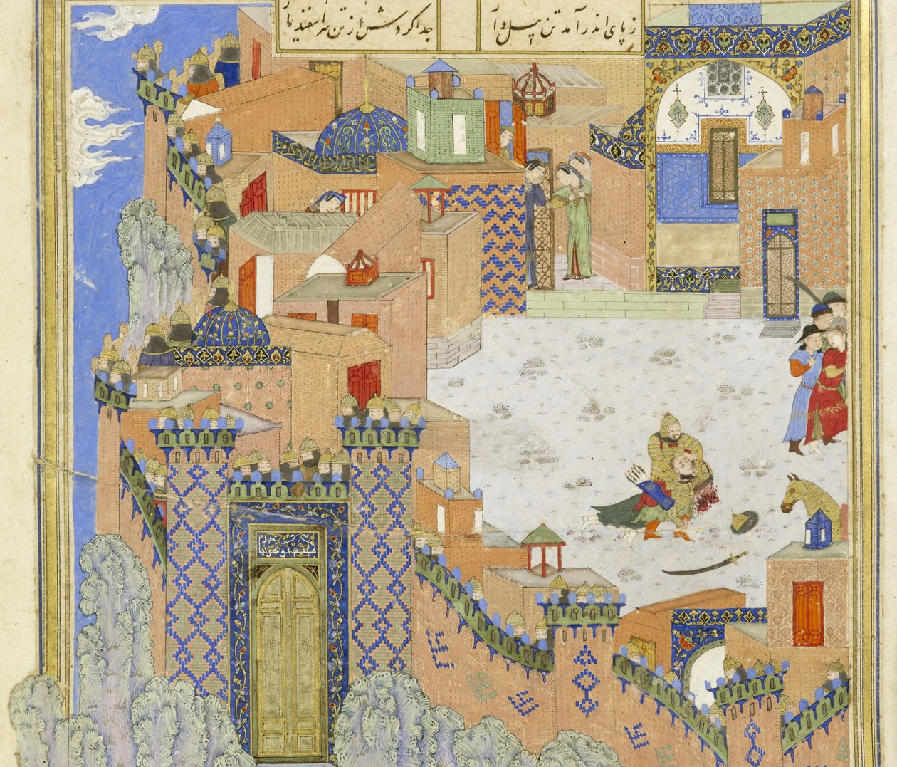 الفارسي 239 fol.278a التفاصيل: Isfandiy؟ r يقتل Arj؟ sp في عقد Brazen ، التوضيح من Shahnama (كتاب الملوك) ، من قبل أبو القاسم منصور فردوسي (c.934-c.1020) ، 1444 بواسطة المدرسة الفارسية