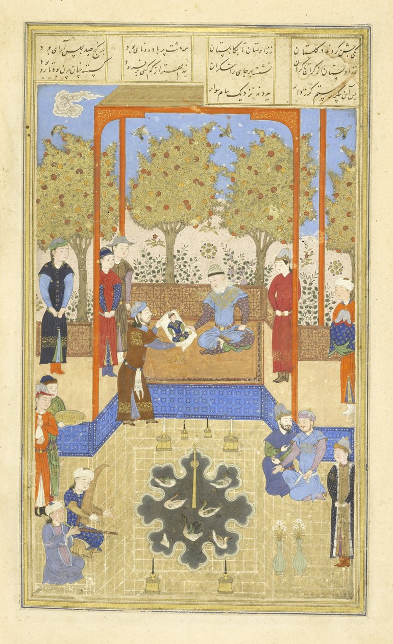 الفارسية 239 صفحة 30 ب صورة للرضيع رستم معروض لسام ، رسم إيضاحي من الشاهنامه (كتاب الملوك) لأبي القاسم منصور الفردوسي (934 - 1020) بواسطة المدرسة الفارسية