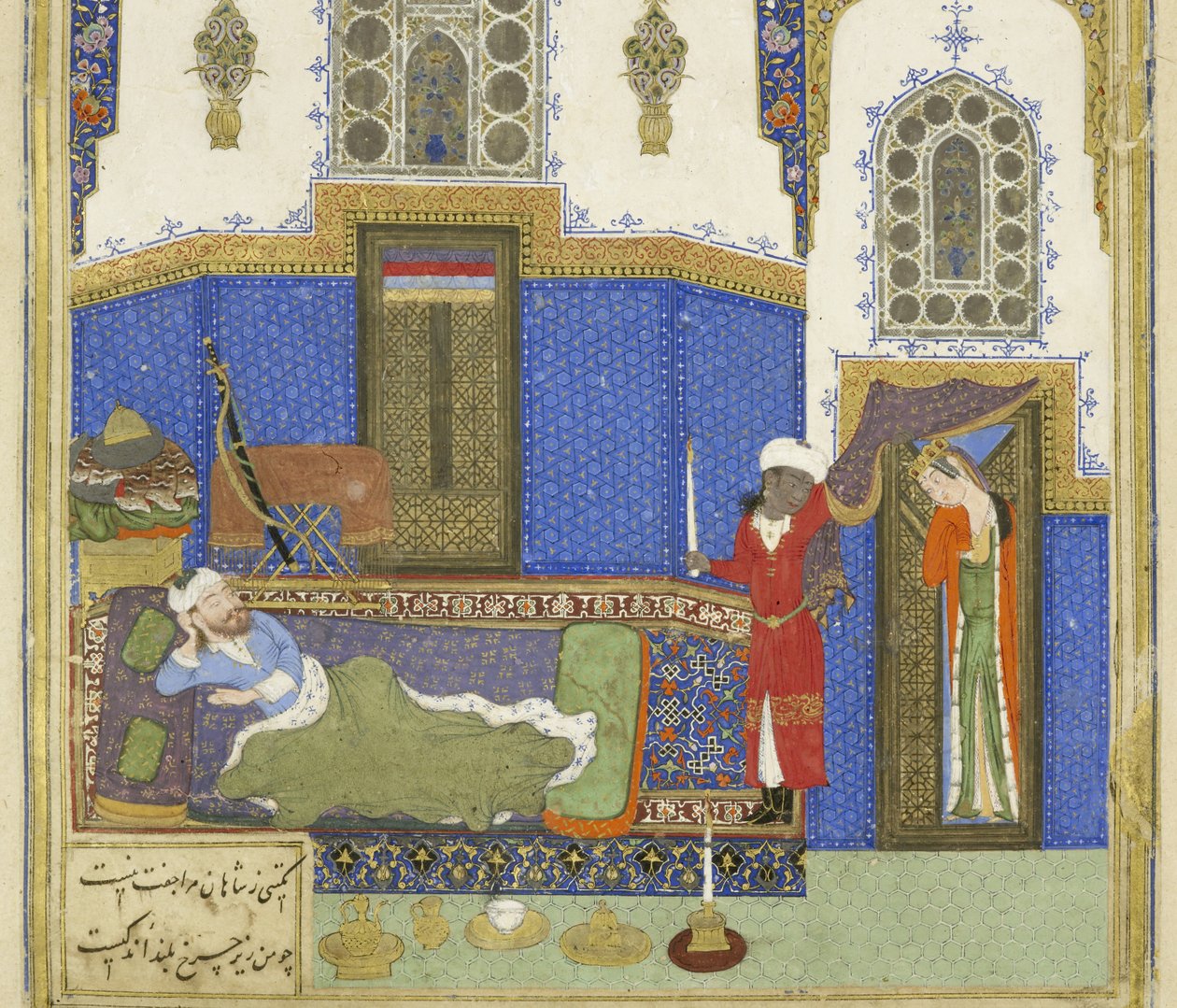 الفارسي 239 fol.56b التفاصيل: طهما؟ يأتي إلى رستم ، التوضيح من Shahnama (كتاب الملوك) ، من قبل أبو القاسم منصور فردوسي (c.934-c.1020) ، 1444 بواسطة المدرسة الفارسية
