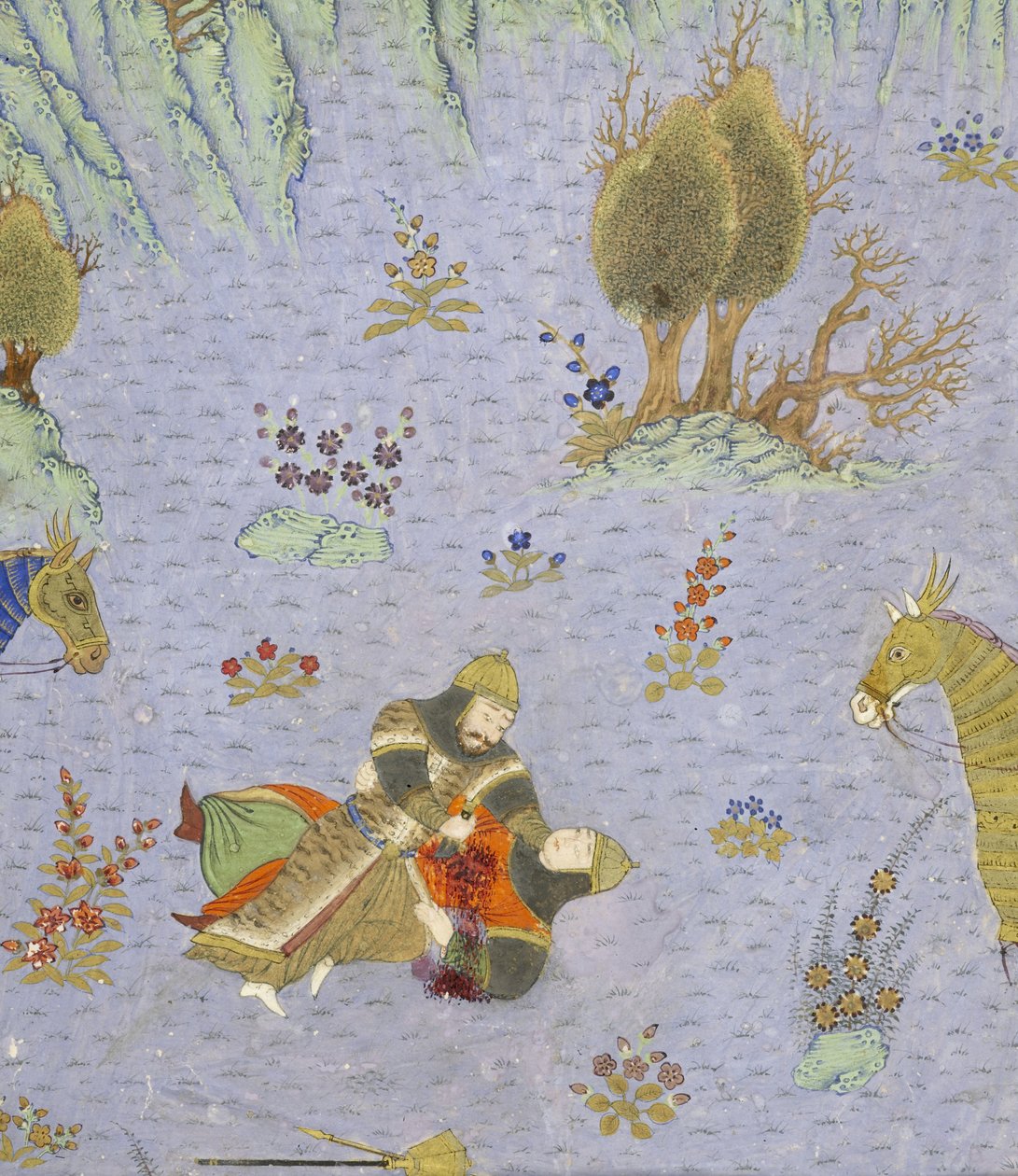 الفارسي 239 ص. 67 ب التفاصيل: سهر ب قتل على يد رستم ، رسم توضيحي لشاهناما (كتاب الملوك) ، لأبي القاسم منصور فردوسي (c.934-c.1020) ، 1444 بواسطة المدرسة الفارسية