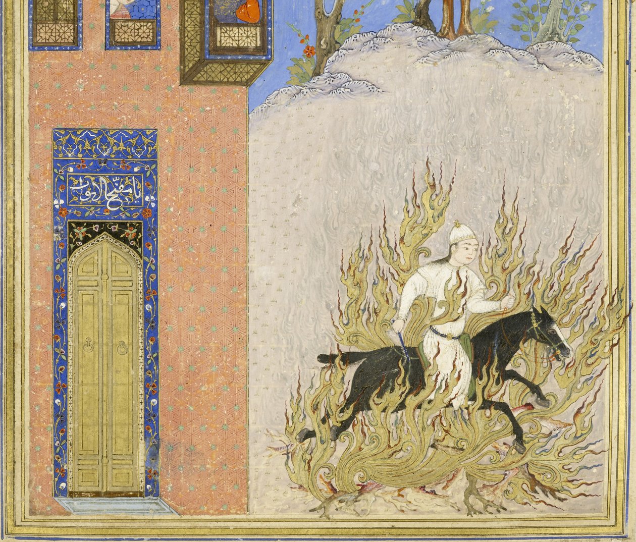 الفارسي 239 صفحة 76 أ التفاصيل: محنة حريق للسيو فوش ، رسم من شاهناما (كتاب الملوك) ، لأبي القاسم منصور فردوسي (c.934-c.1020) ، 1444 بواسطة المدرسة الفارسية