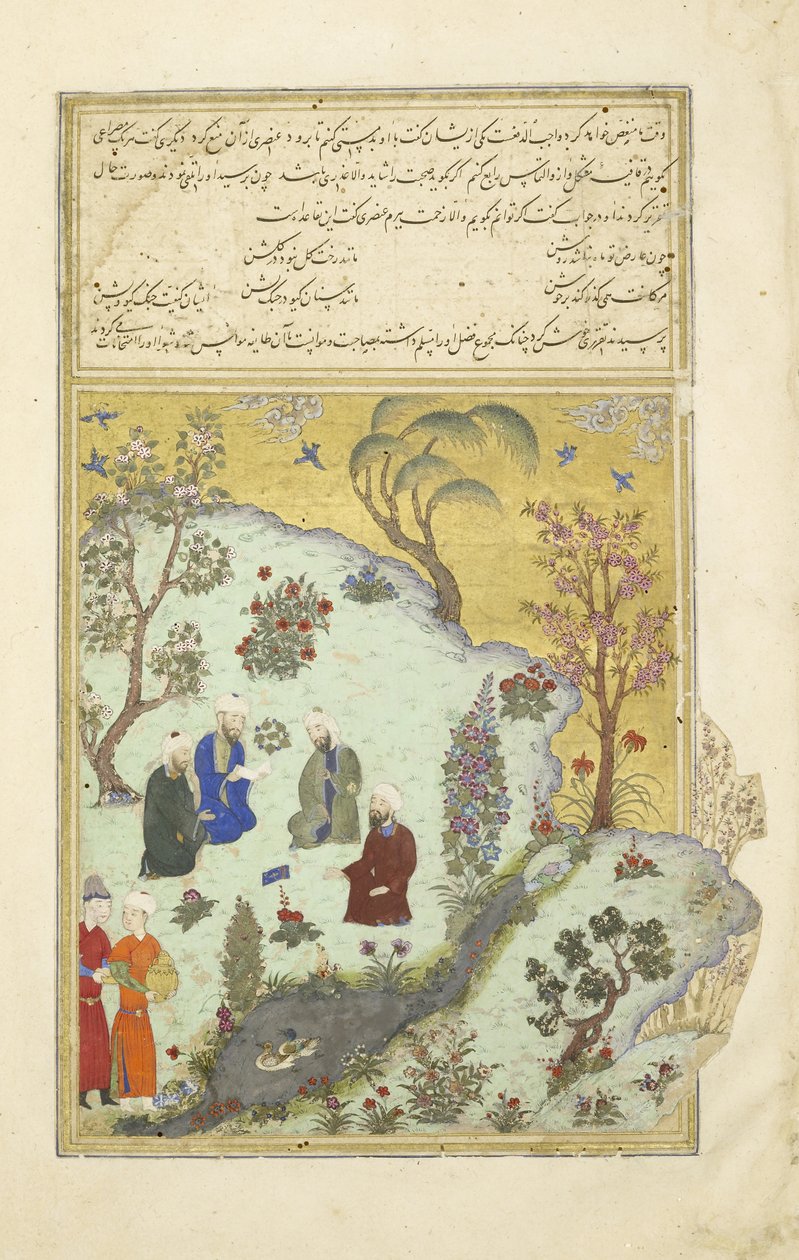 الفارسي 239 صفحة 7 أ. الفردوسي يصادف شعراء البلاط الغزني ، رسم توضيحي من شاهناما (كتاب الملوك) ، بقلم أبو القاسم منصور فردوسي (c.934-c.1020) ، 1444 بواسطة المدرسة الفارسية