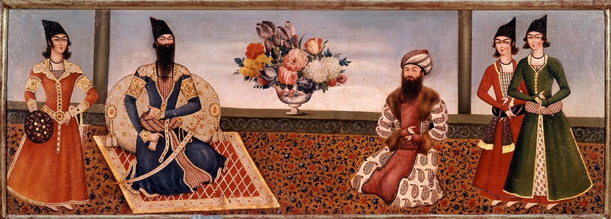 الملك الفارسي فتح علي شاه (1771-1834) يحيط بأعضاء بلاطه لوحة لمدرسة شيراز (شيراز) (القرن التاسع عشر) طهران ، مجموعة فروغي بواسطة المدرسة الفارسية