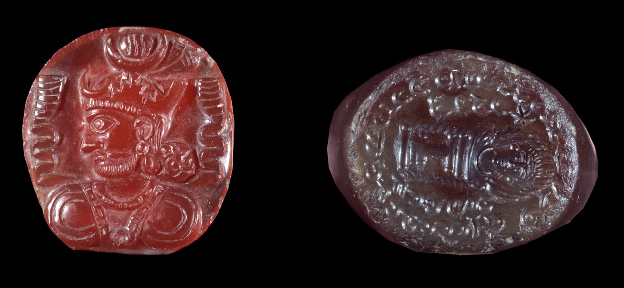 الفن الفارسي: جاء من كافاد الأول (أو قوباد ، كوباد ، كاباد) (488-496 م) ملك الإمبراطورية الفارسية الثانية وختم العقيق من العصر الساساني. القرن الخامس أو السادس الميلادي. باريس ، BN بواسطة المدرسة الفارسية