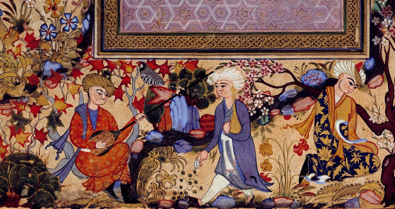 منمنمة فارسية تمثل مشهدًا ترفيهيًا مع موسيقيين. تفاصيل الغواش من القرن السادس عشر. باريس ، متحف اللوفر بواسطة المدرسة الفارسية