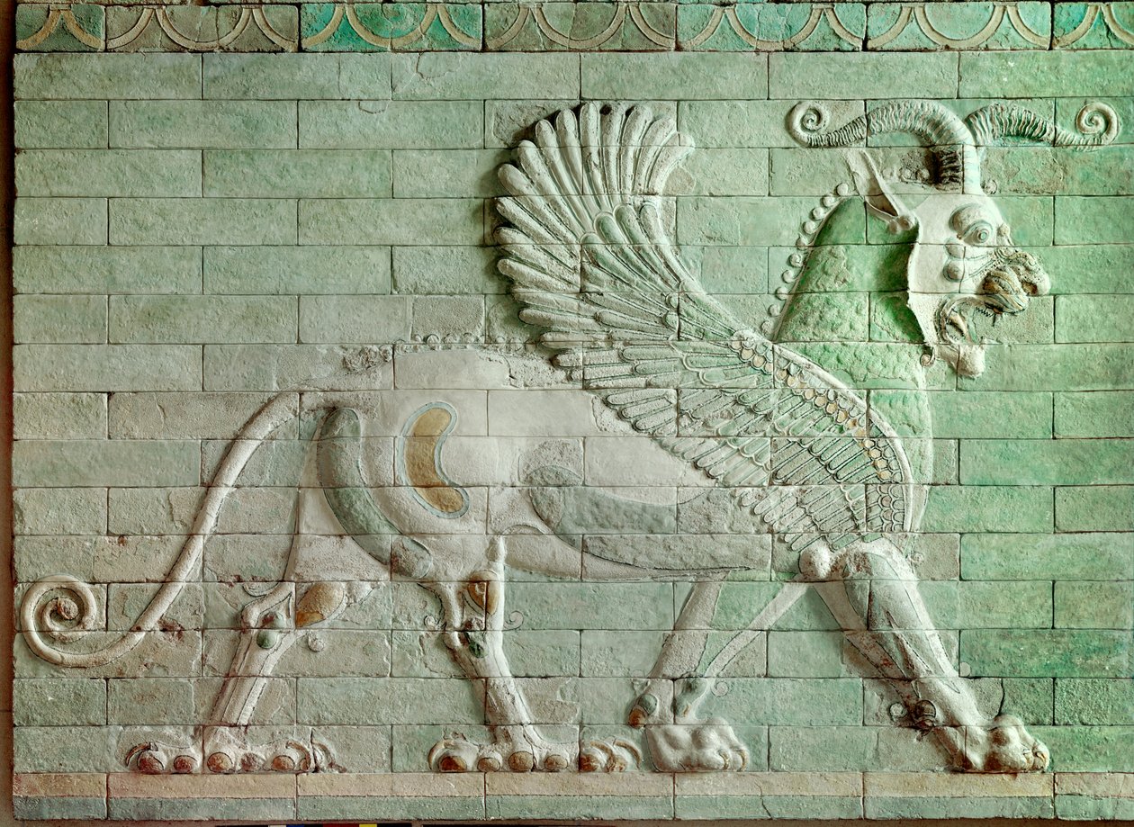 Persian period rouenide (Iran): low relief in enamelled brick representing a griffon. From the Palace of Darius I (550-486 BC), king of Persia to Susa. 510 BC. Paris, Louvre Museum بواسطة المدرسة الفارسية