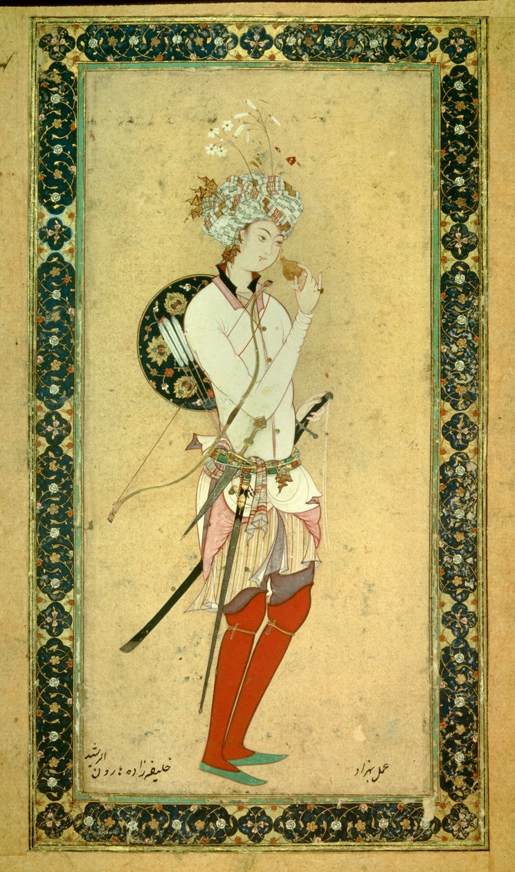 Portrait of Haroun al-Rashid (Harun al Rashid or al-Rashid (al Rashid) or ar Rashid (ar-Rashid) or el Rashid (el-Rashid) or el Raschid (el-Raschid) or al Raschid (al-Raschid), Abassid Caliph (766? 809). Persian miniature بواسطة المدرسة الفارسية