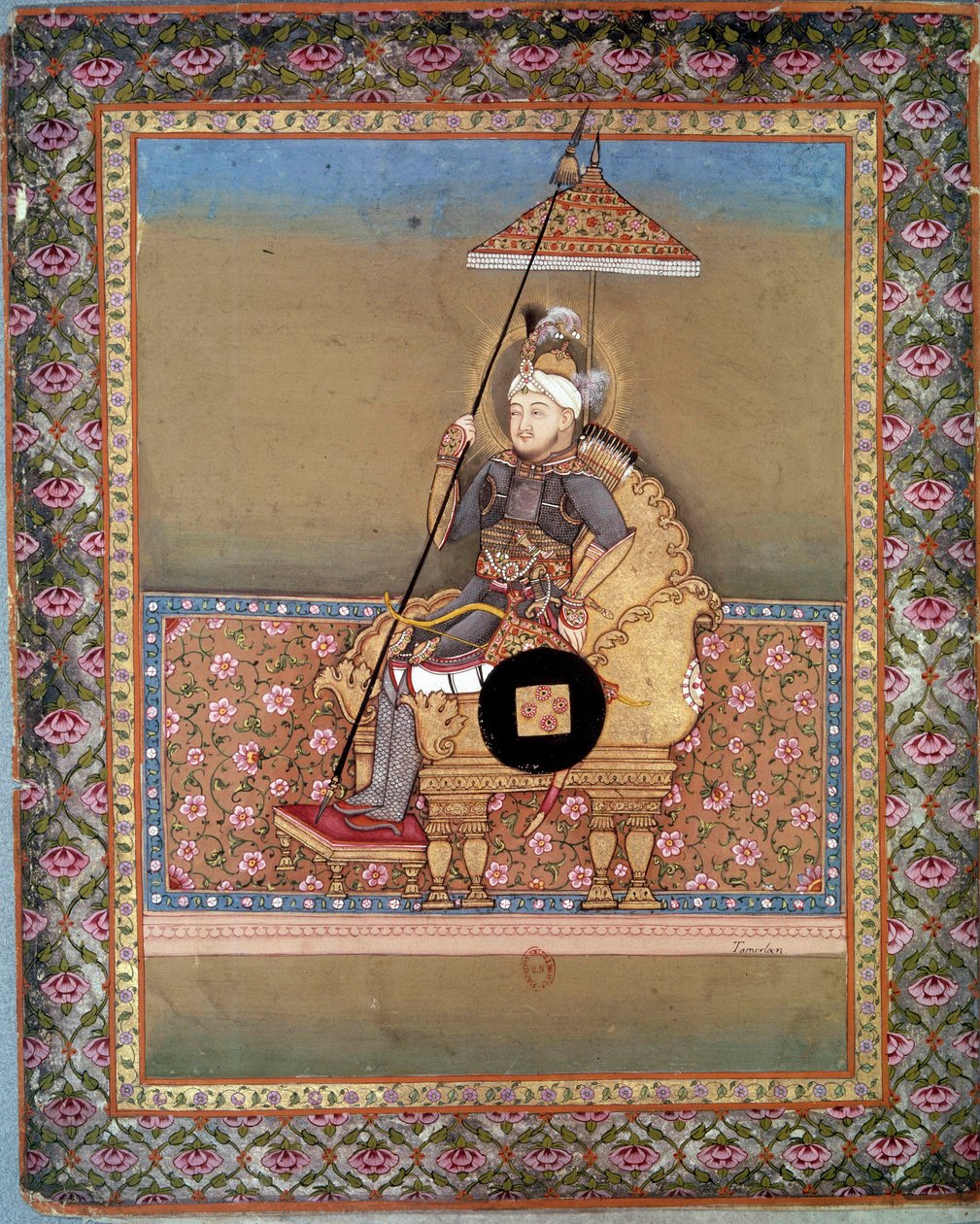 صورة شخصية للزعيم المنغولي تامرلان (1336-1405) (أو تيمور لانغ ، "تيمور الأعرج"). المنمنمات الفارسية من القرن الخامس عشر. باريس ، BN بواسطة المدرسة الفارسية