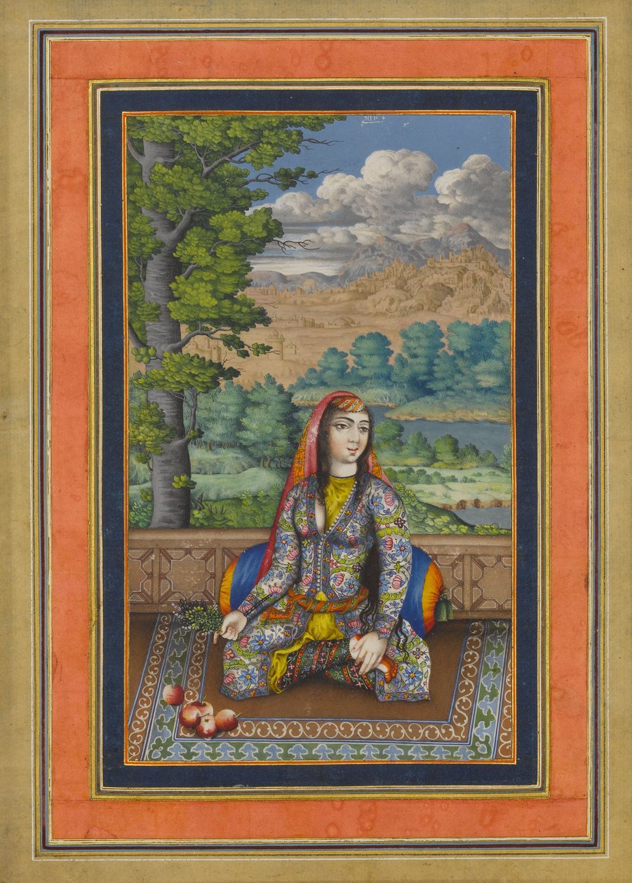 صورة لسيدة فارسية ، فوليو من ألبوم ديفيس ، c.1736-37 (حبر ، ألوان مائية غير شفافة ، وذهب على ورق) بواسطة المدرسة الفارسية